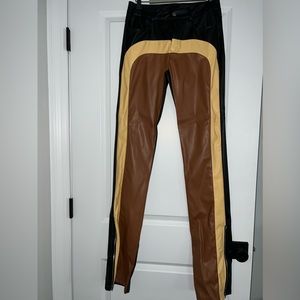 Faux Leather color block pants.